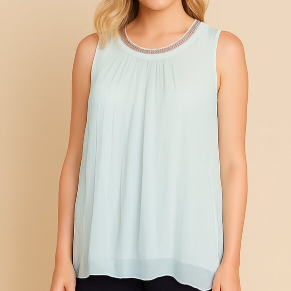 Elissia silk made in Italy sleeveless blouse w neckline accent - Picture 2 of 6